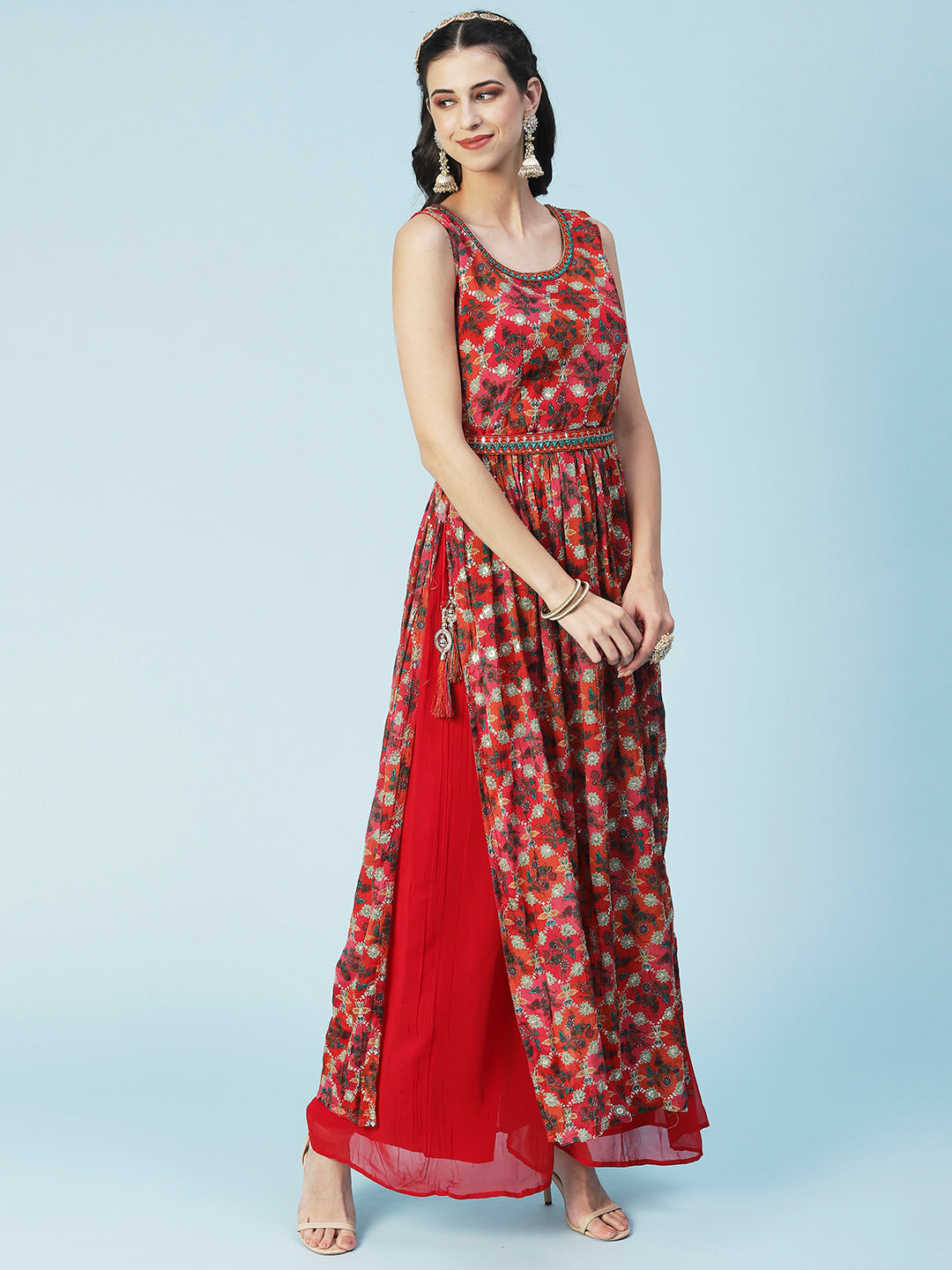 Floral Printed Zari Embroidered High Slit Kurta With Palazzo & Dupatta - Red