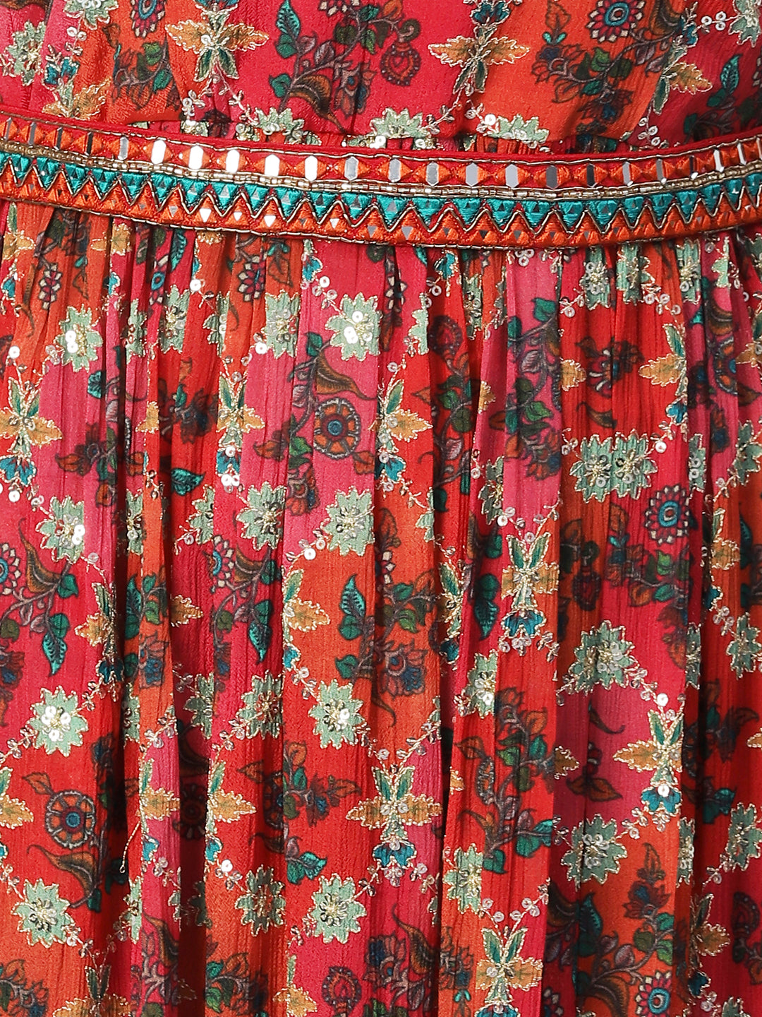 Floral Printed Zari Embroidered High Slit Kurta With Palazzo & Dupatta - Red