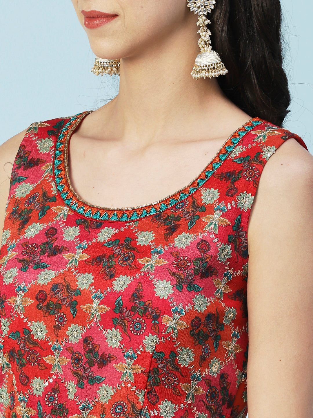 Floral Printed Zari Embroidered High Slit Kurta With Palazzo & Dupatta - Red