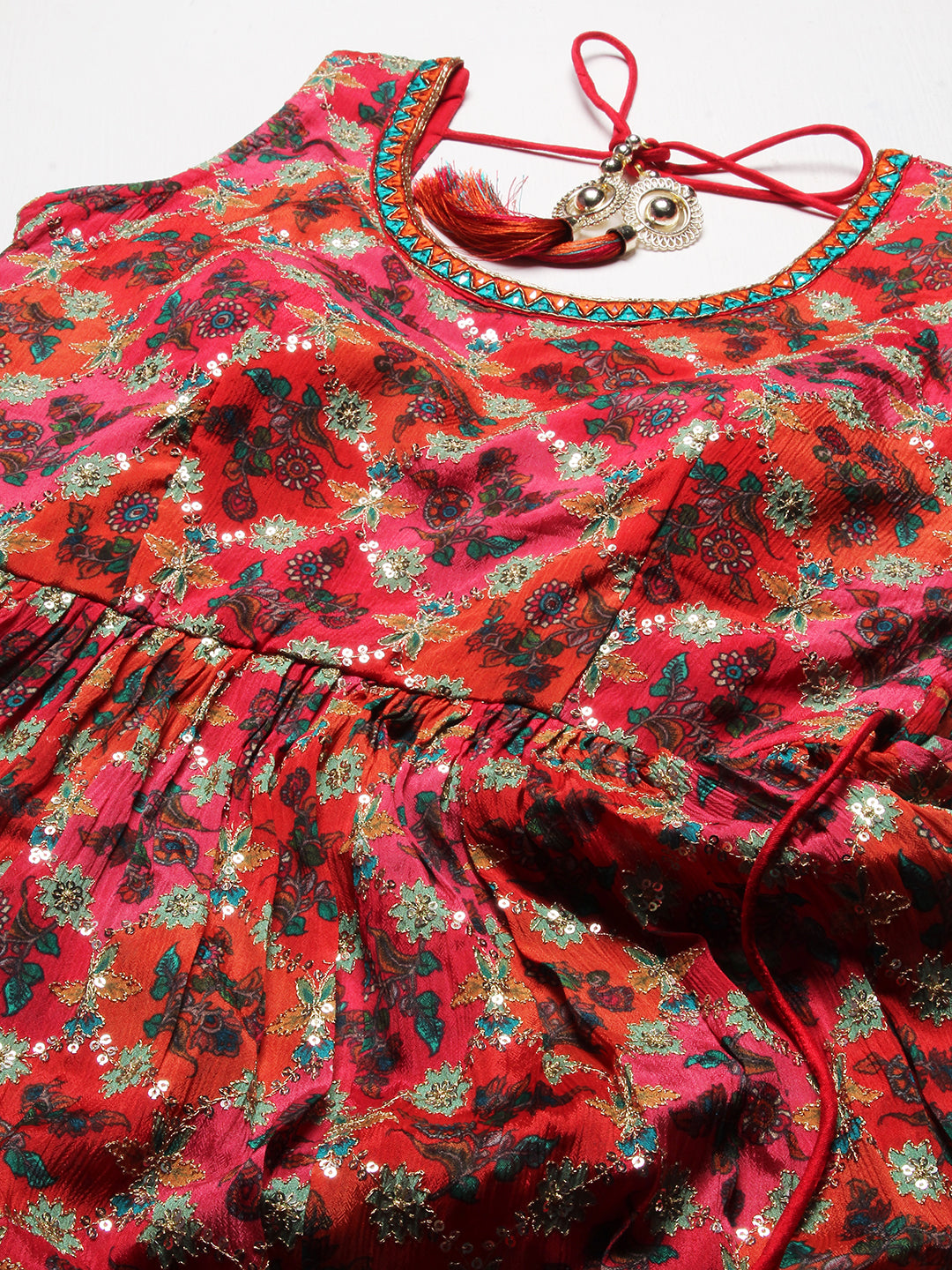 Floral Printed Zari Embroidered High Slit Kurta With Palazzo & Dupatta - Red