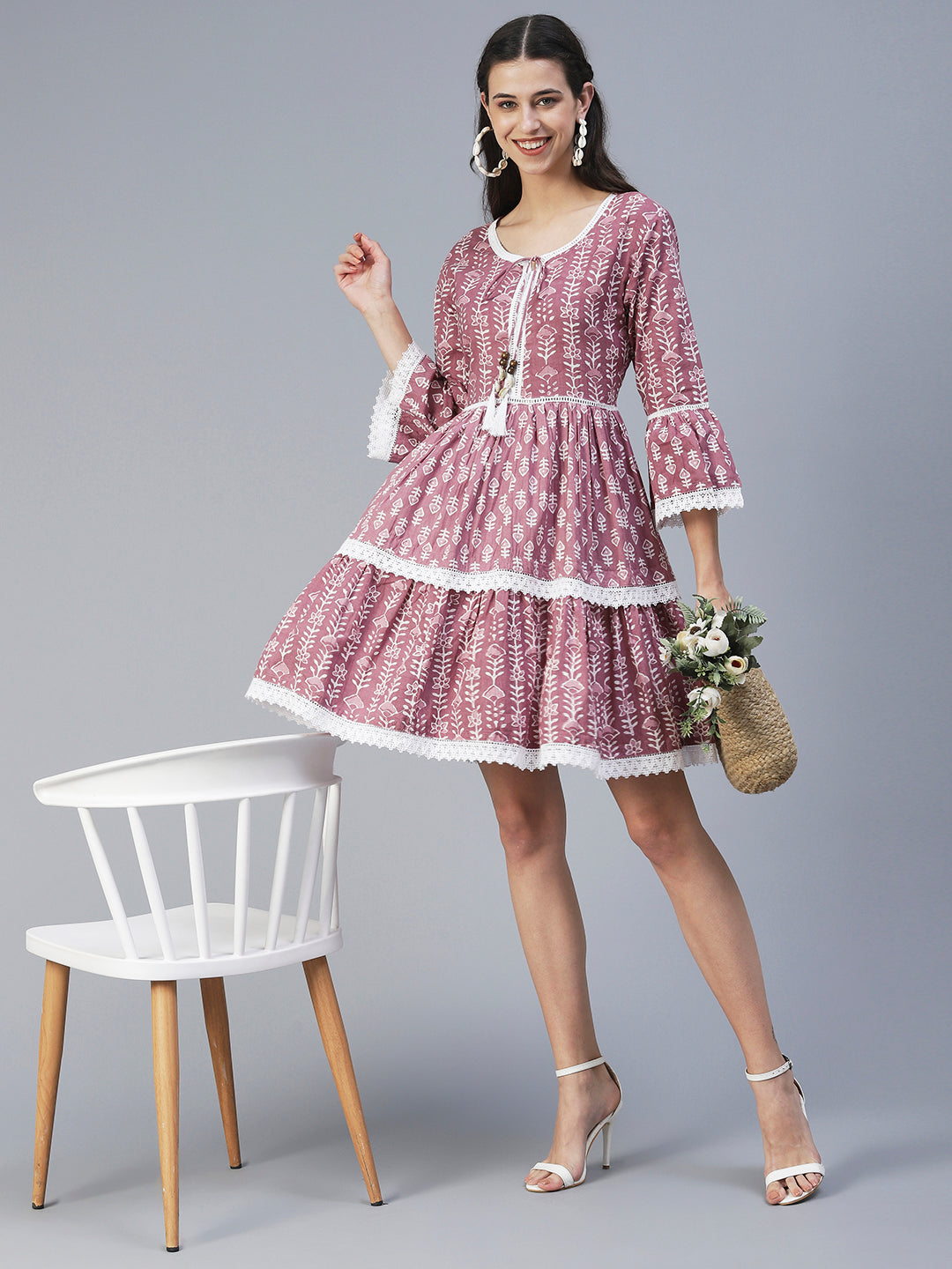 Ethnic Printed Tiered Fit & Flare Mini Dress - Mauve