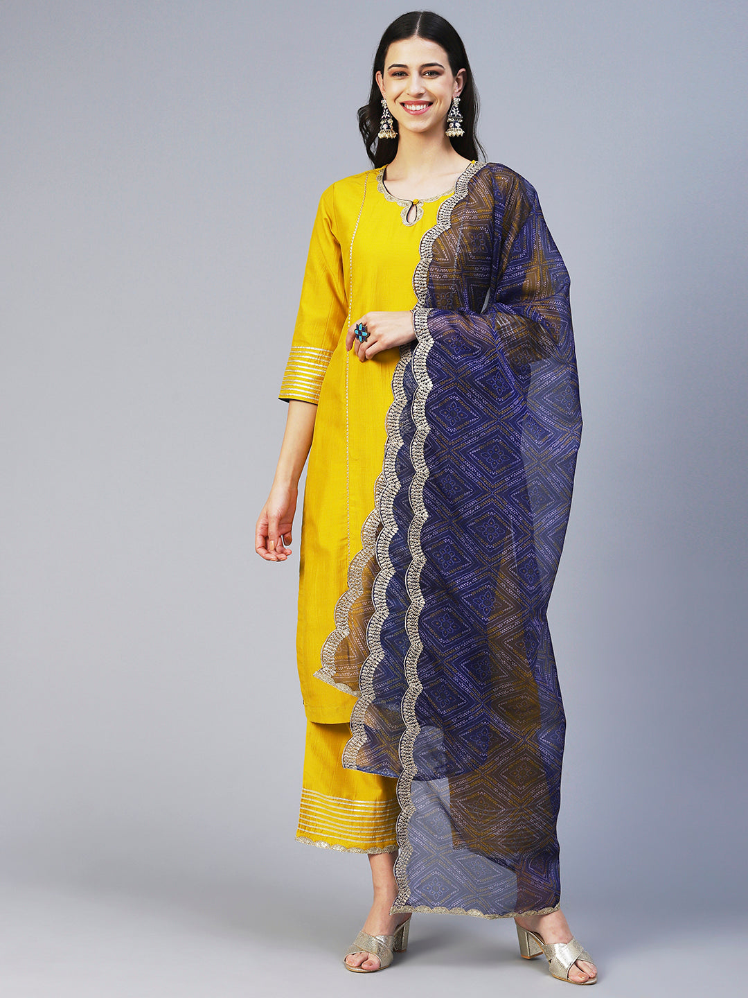 Solid Princess Cut Straight Kurta with Palazzo & Bandhani Printed Dupatta - Yellow