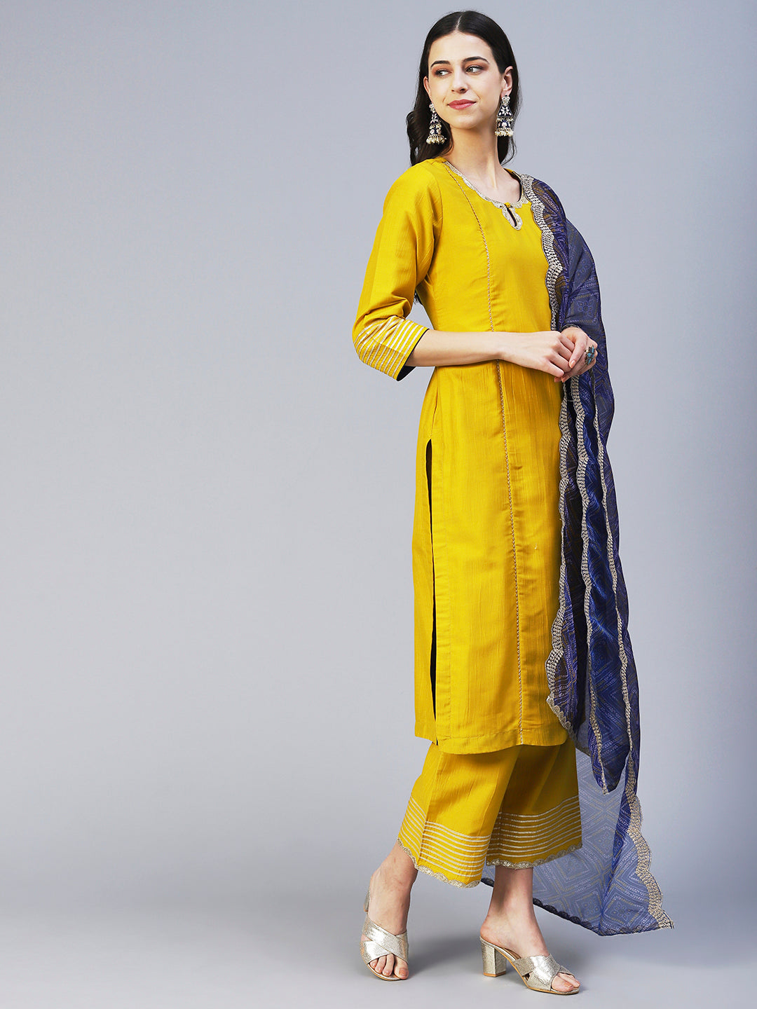 Solid Princess Cut Straight Kurta with Palazzo & Bandhani Printed Dupatta - Yellow