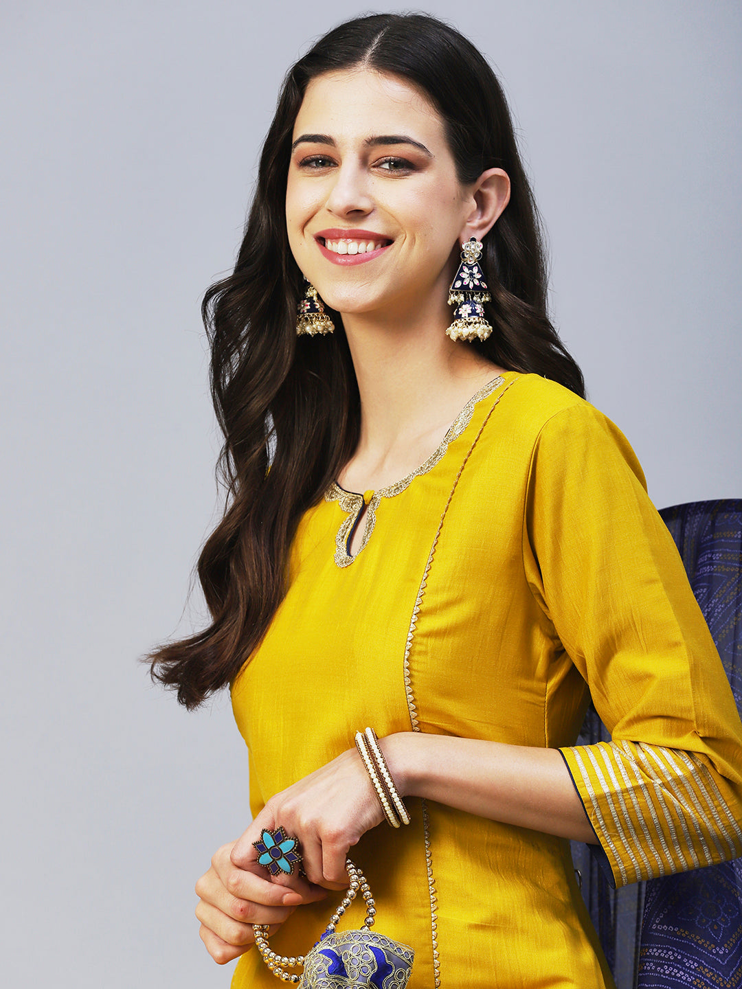 Solid Princess Cut Straight Kurta with Palazzo & Bandhani Printed Dupatta - Yellow