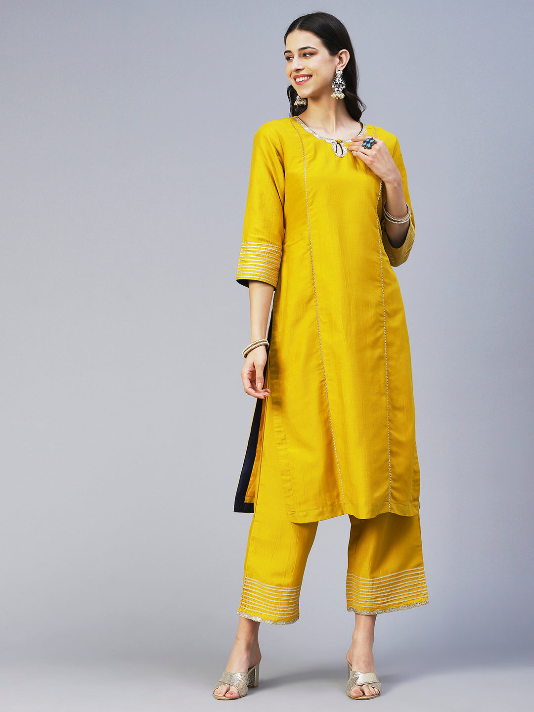 Solid Princess Cut Straight Kurta with Palazzo & Bandhani Printed Dupatta - Yellow