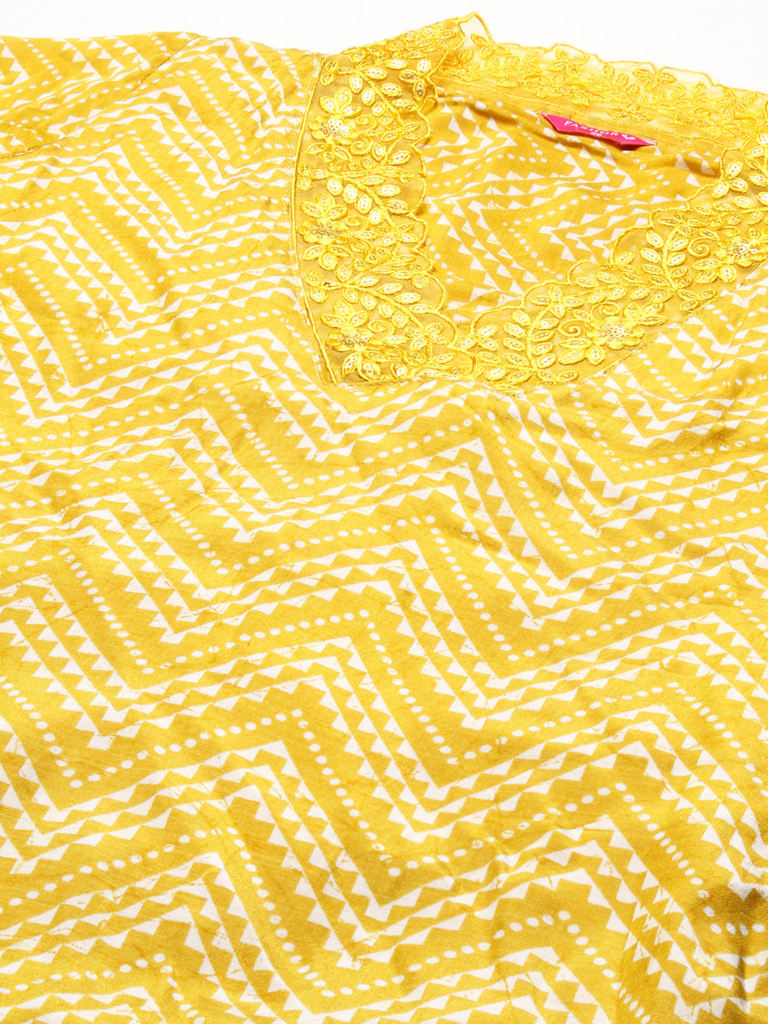 Geometric Printed Scallop Lace Kurta With Pants & Embroidered Dupatta - Yellow
