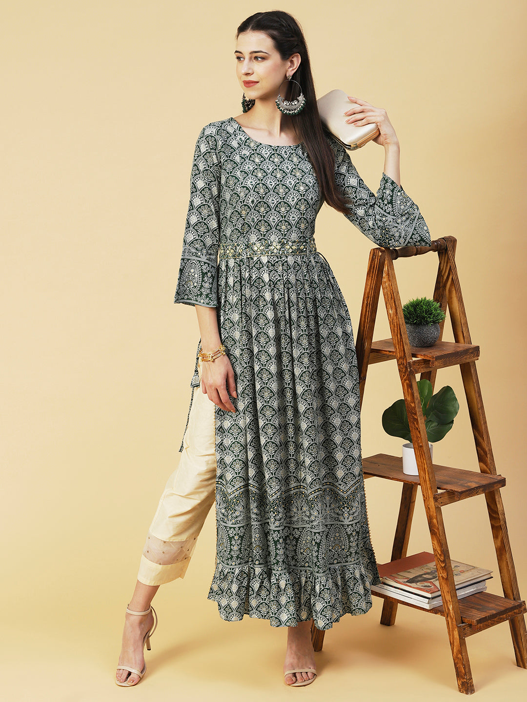 Ethnic Printed & Embroidered A-Line Kurta - Green