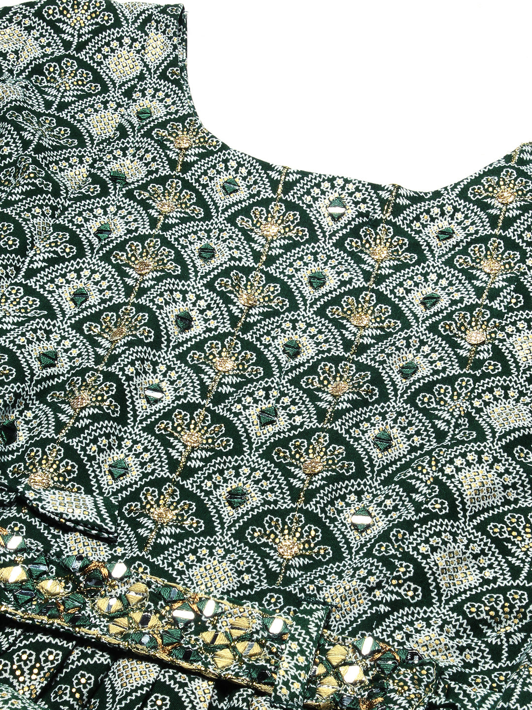 Ethnic Printed & Embroidered A-Line Kurta - Green