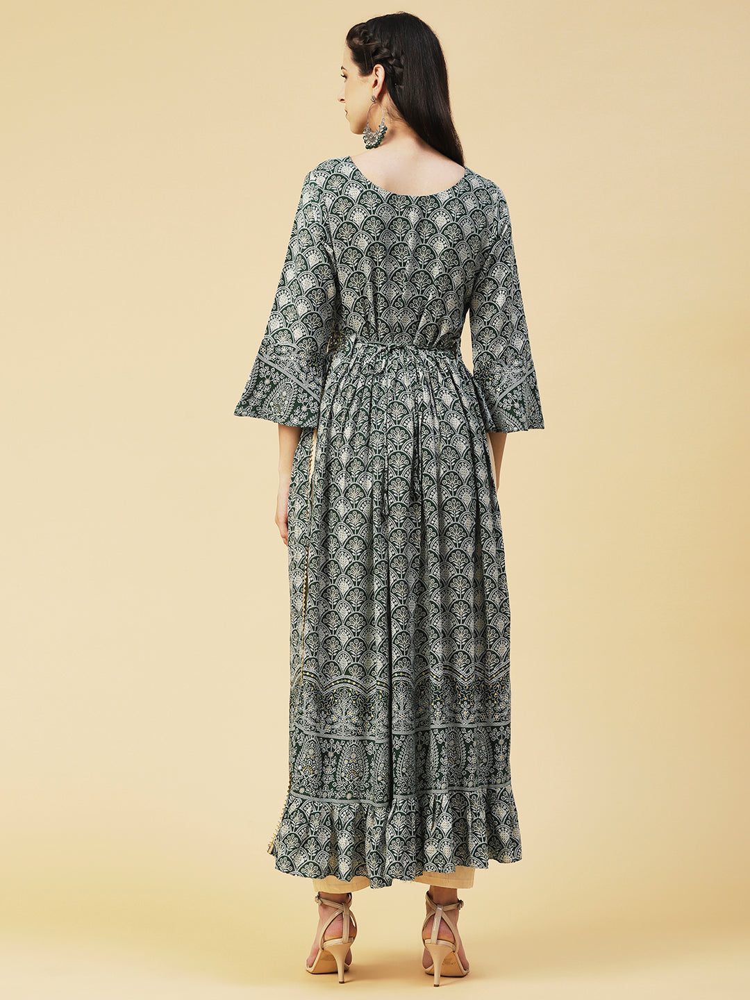 Ethnic Printed & Embroidered A-Line Kurta - Green