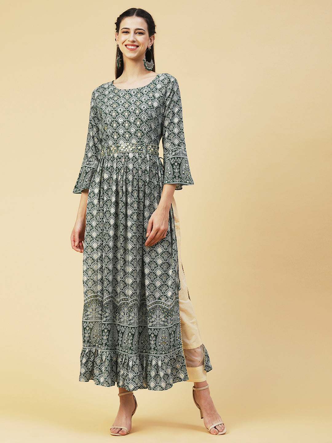 Ethnic Printed & Embroidered A-Line Kurta - Green