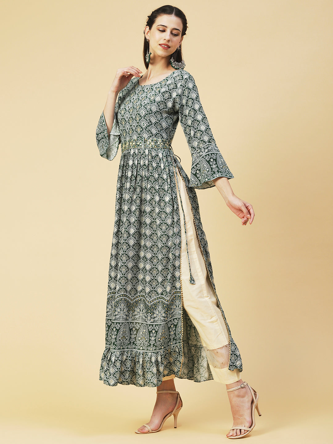 Ethnic Printed & Embroidered A-Line Kurta - Green