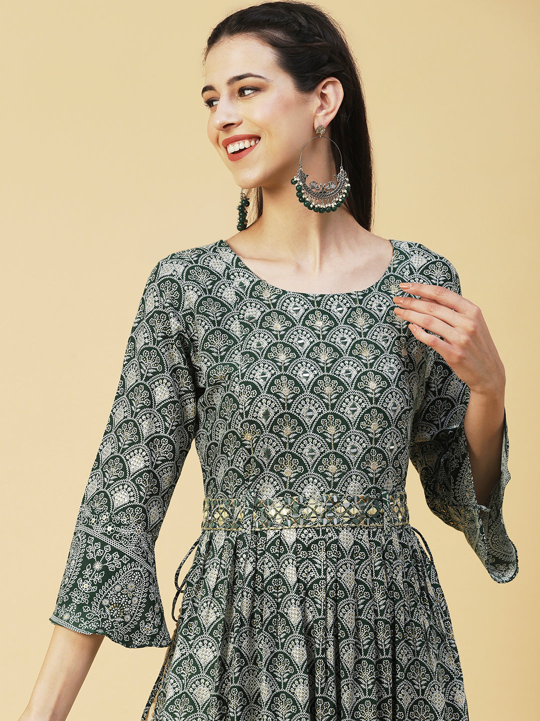 Ethnic Printed & Embroidered A-Line Kurta - Green