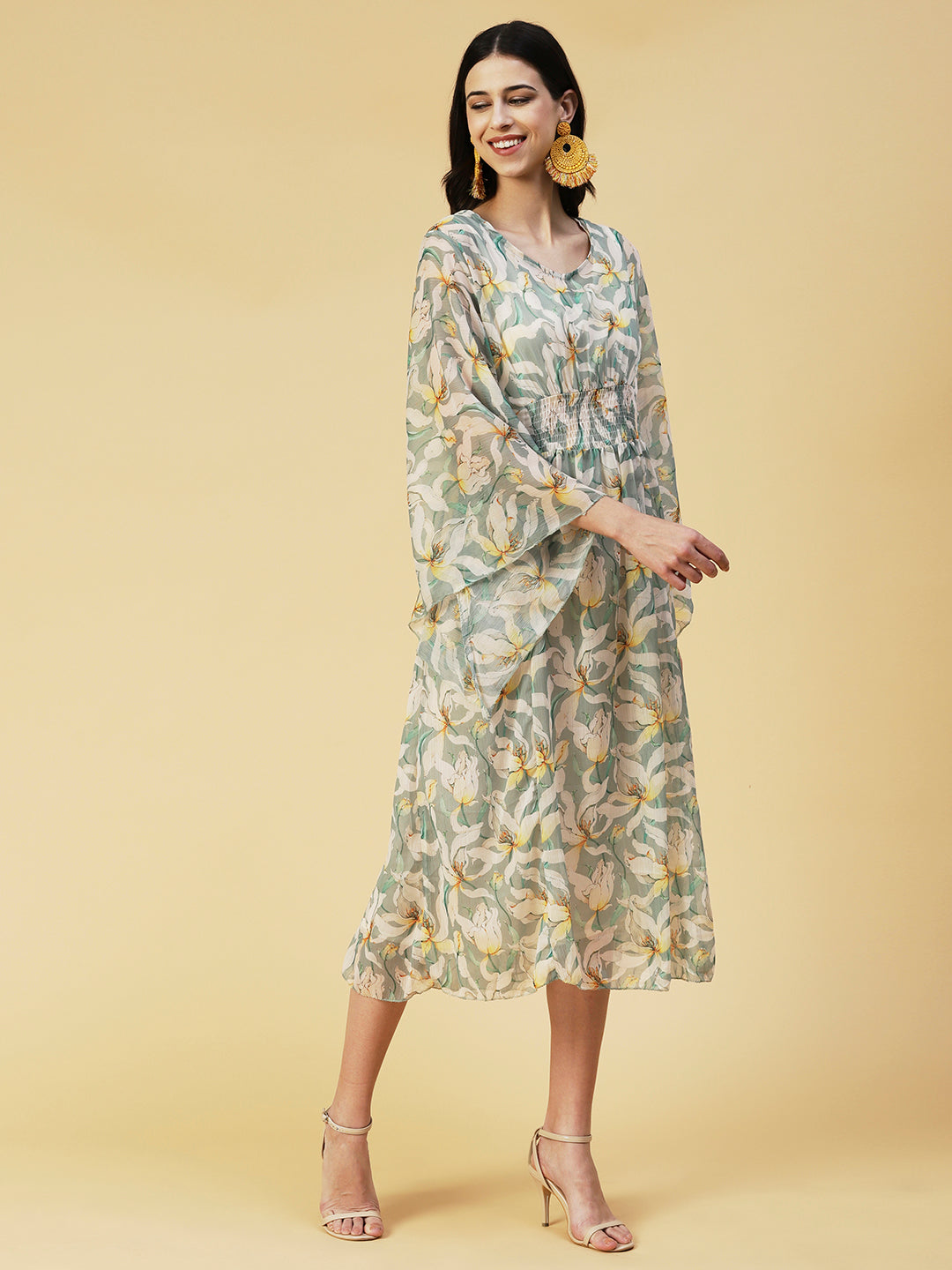 Floral Printed Smocked Dress With Inner - Light Green