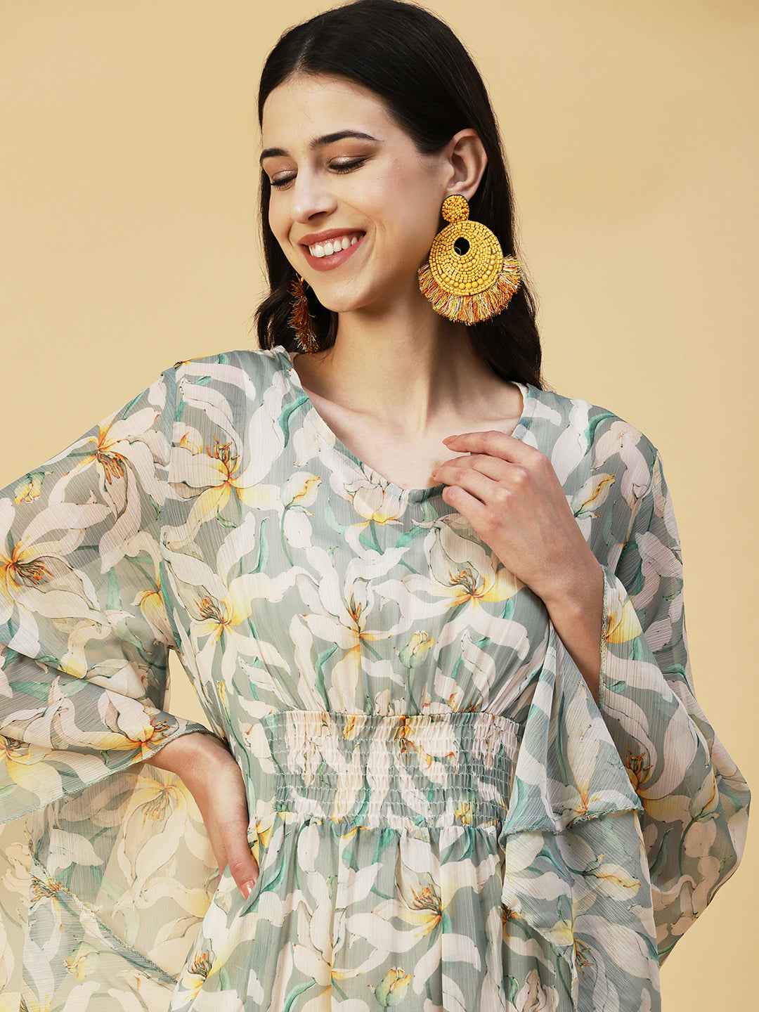 Floral Printed Smocked Dress With Inner - Light Green