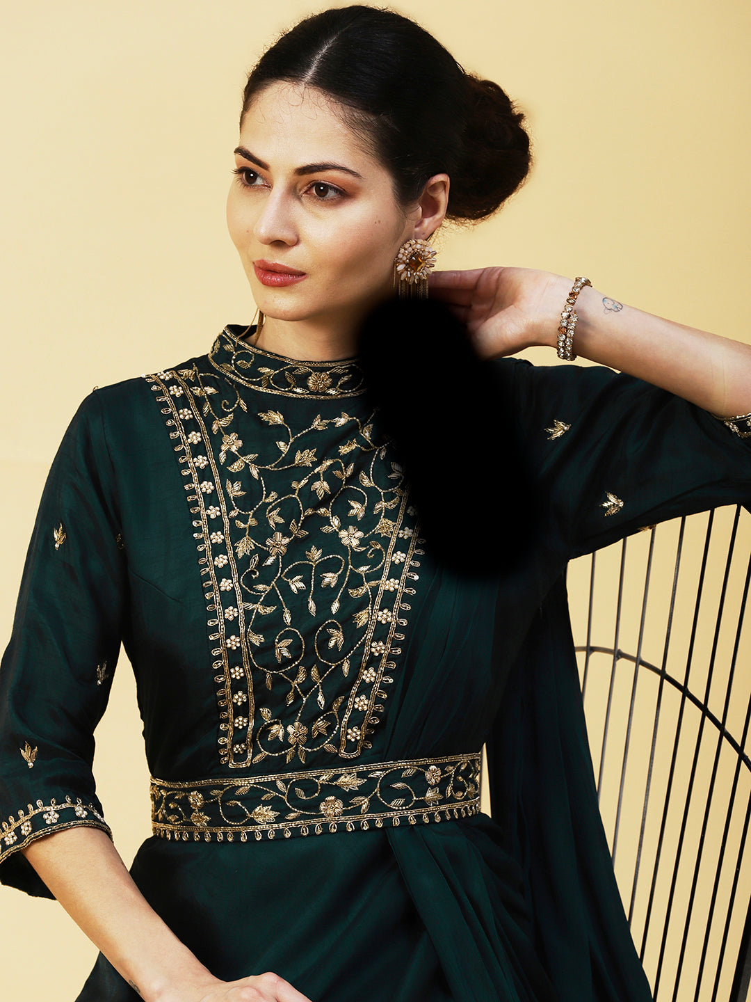 Ethnic Hand Embroidered Fit & Flare Maxi Dress with Belt - Green