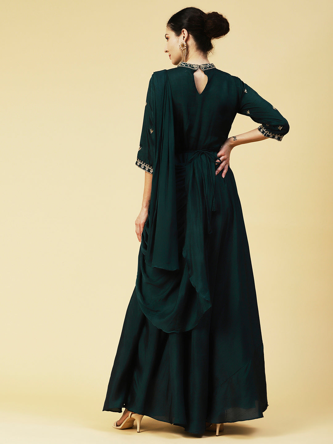 Ethnic Hand Embroidered Fit & Flare Maxi Dress with Belt - Green