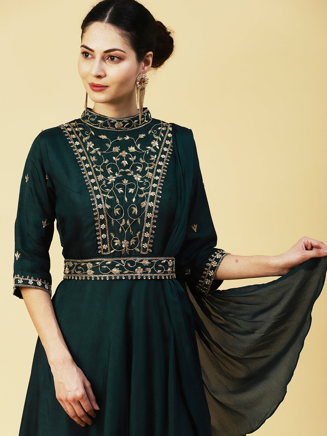 Ethnic Hand Embroidered Fit & Flare Maxi Dress with Belt - Green