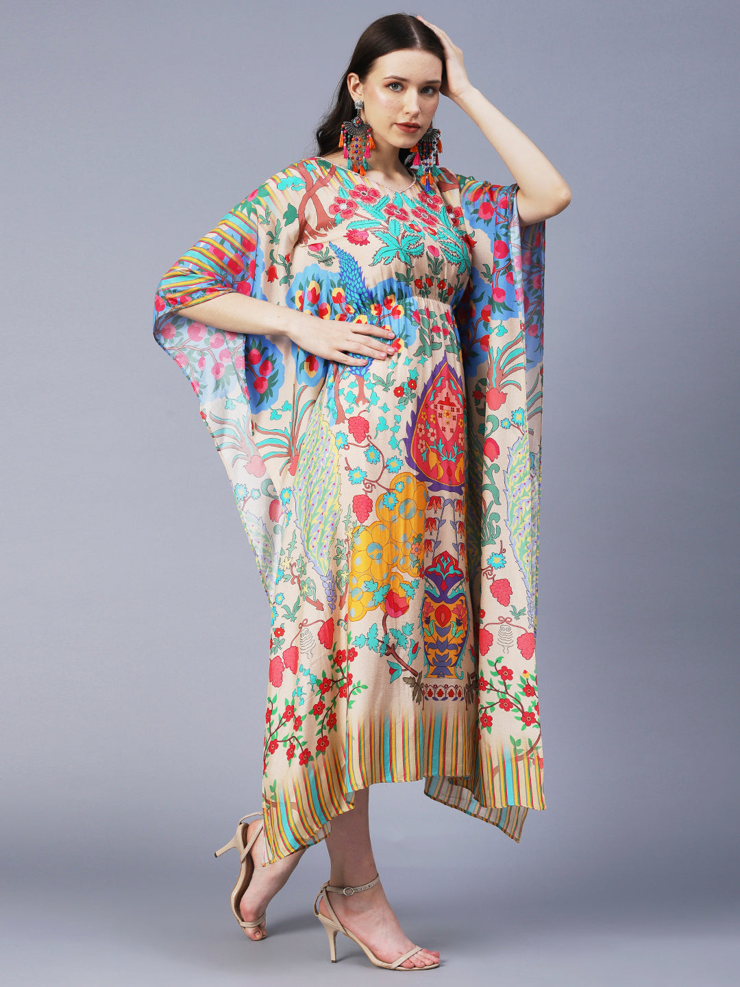 Floral Printed Hand Embroidered Kaftan Midi Dress - Cream & Multi