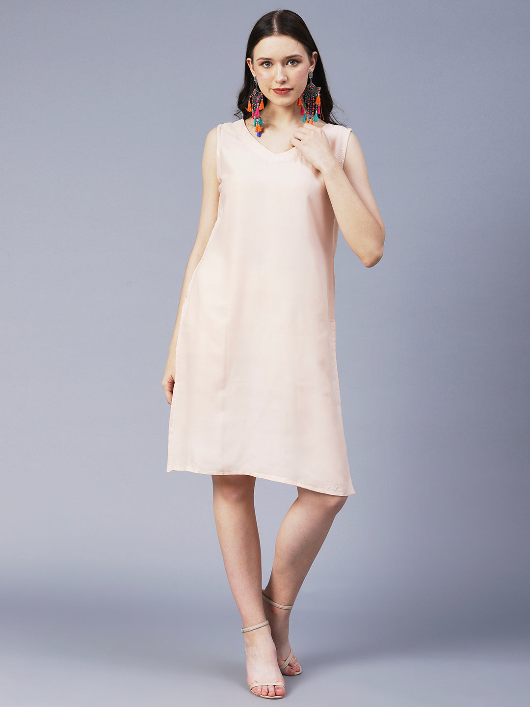 Floral Printed Hand Embroidered Kaftan Midi Dress - Cream & Multi