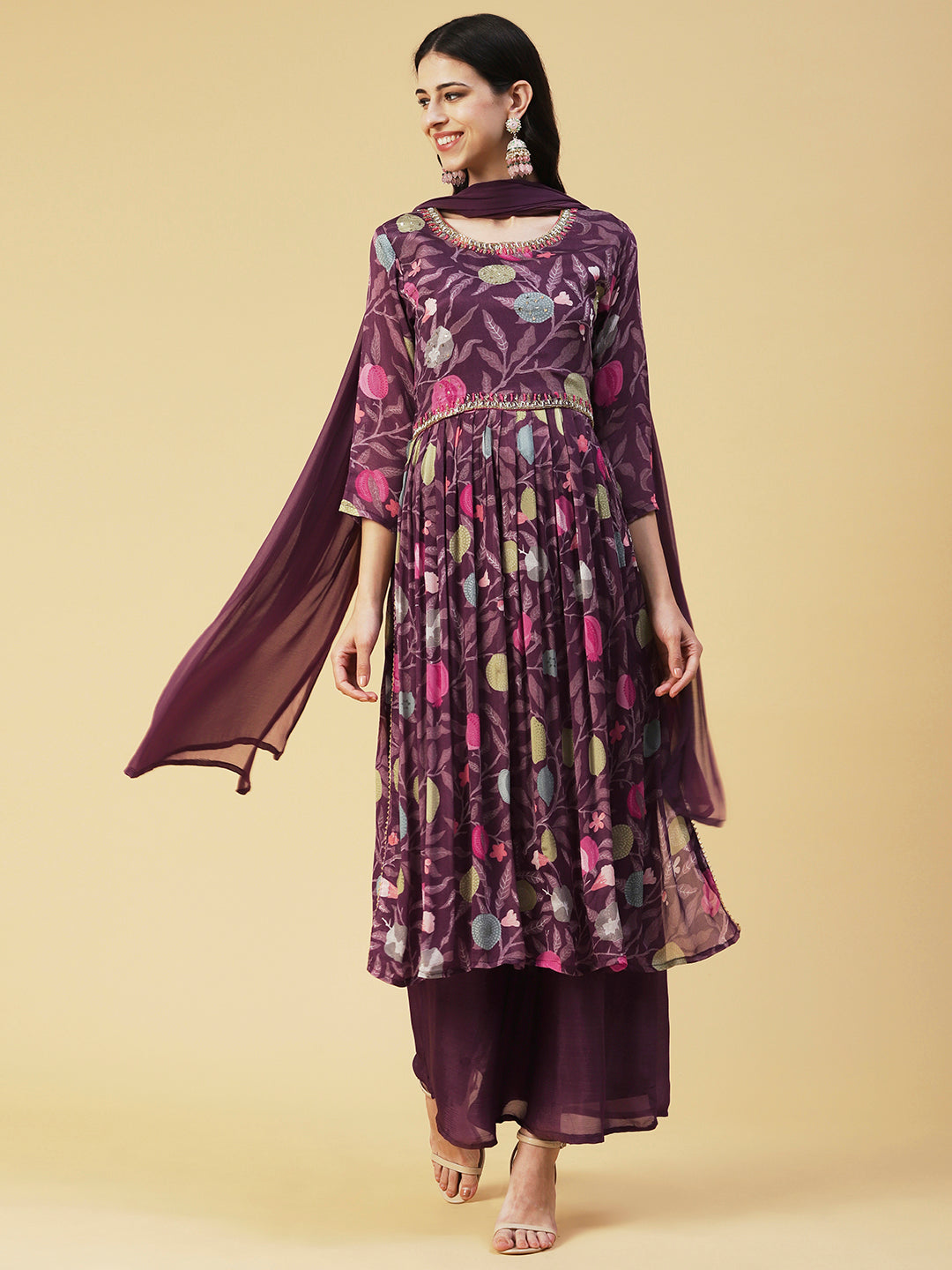 Floral hand Embroidered High Slit Gathered kurta With Palazzo & Dupatta - Mauve