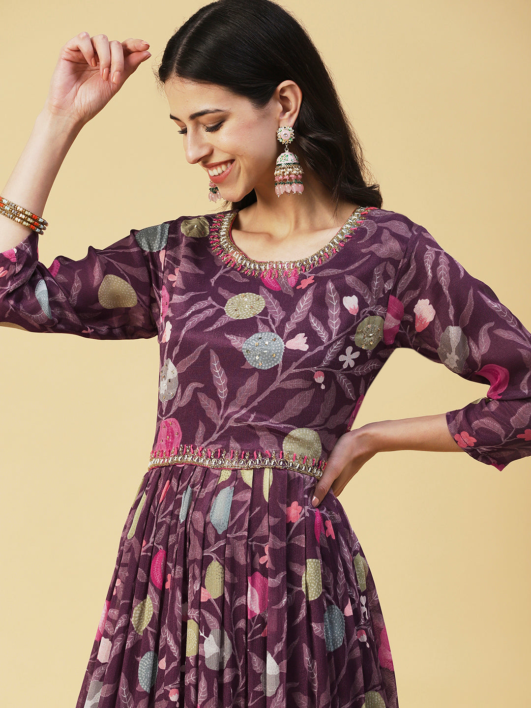 Floral hand Embroidered High Slit Gathered kurta With Palazzo & Dupatta - Mauve