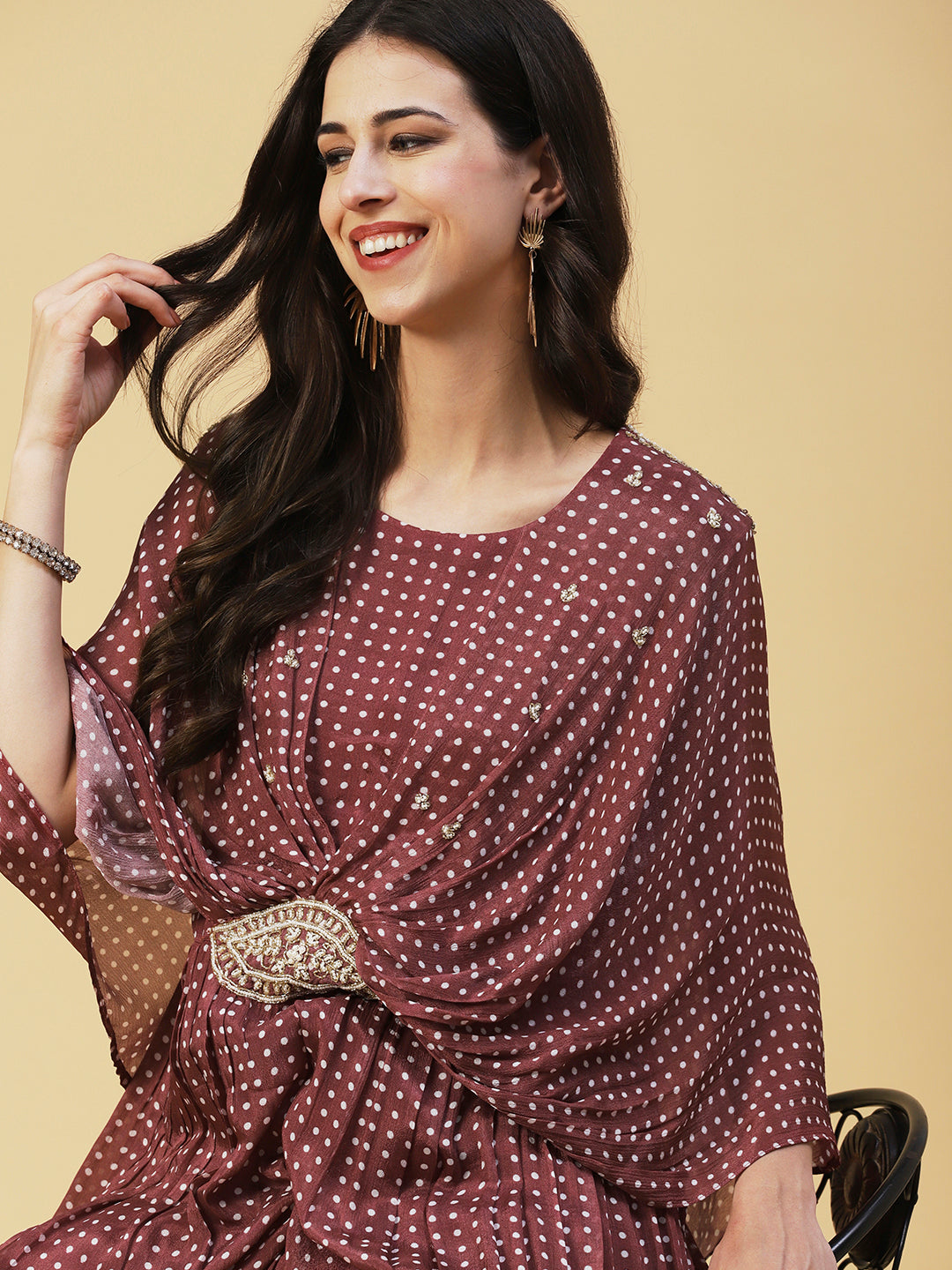 Polka Dot Printed & Hand Embroidered Fit & Flare Maxi Dress - Brown