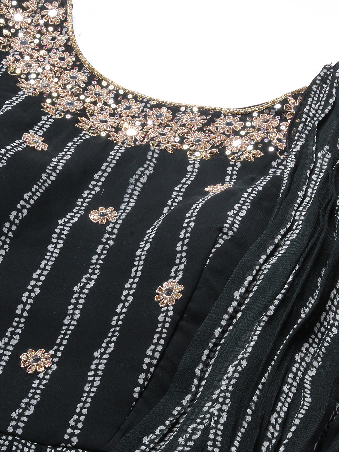 Stripes Printed & Floral Hand Embroidered Fit & Flare Maxi Dress - Black