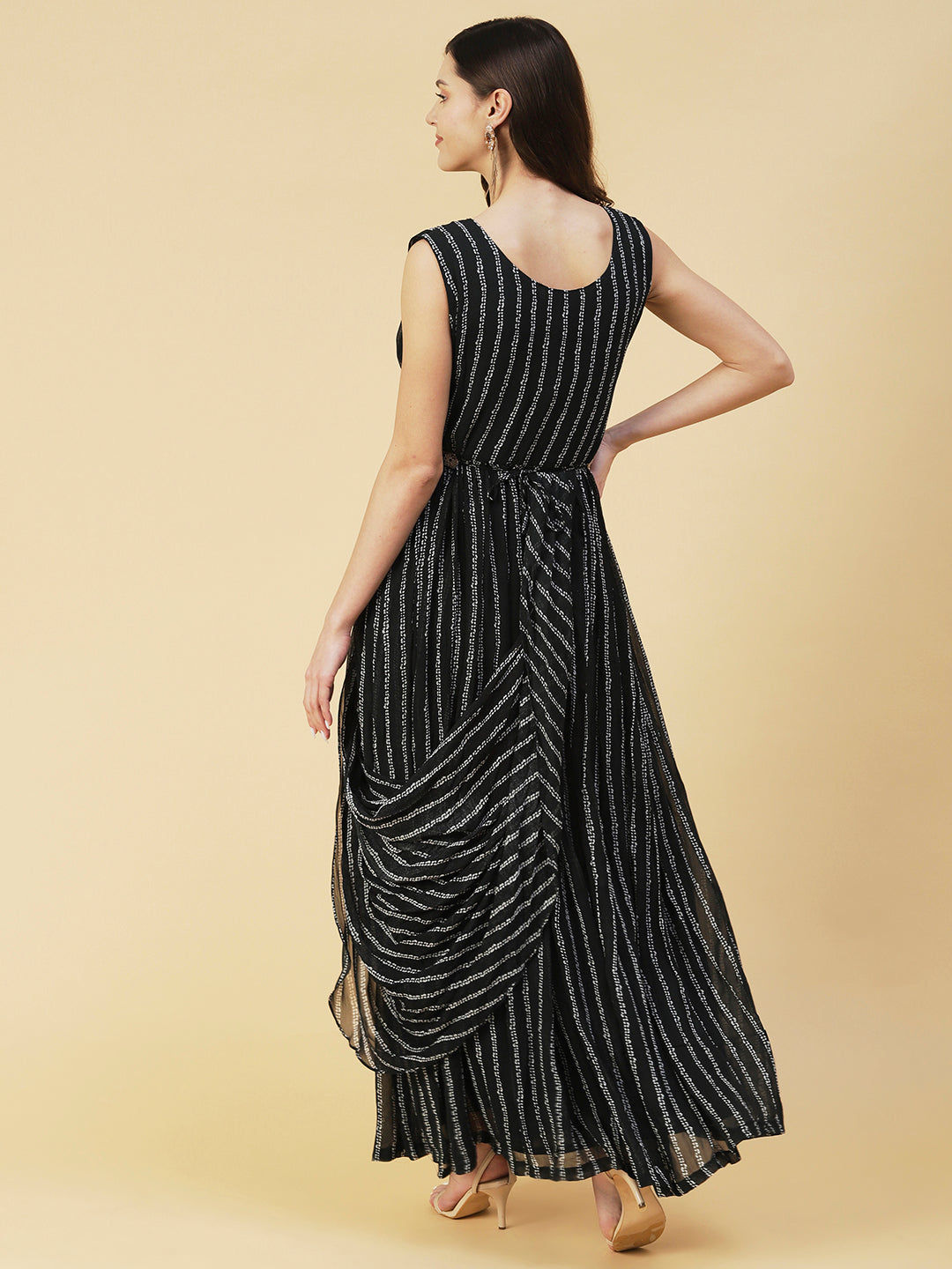 Stripes Printed & Floral Hand Embroidered Fit & Flare Maxi Dress - Black
