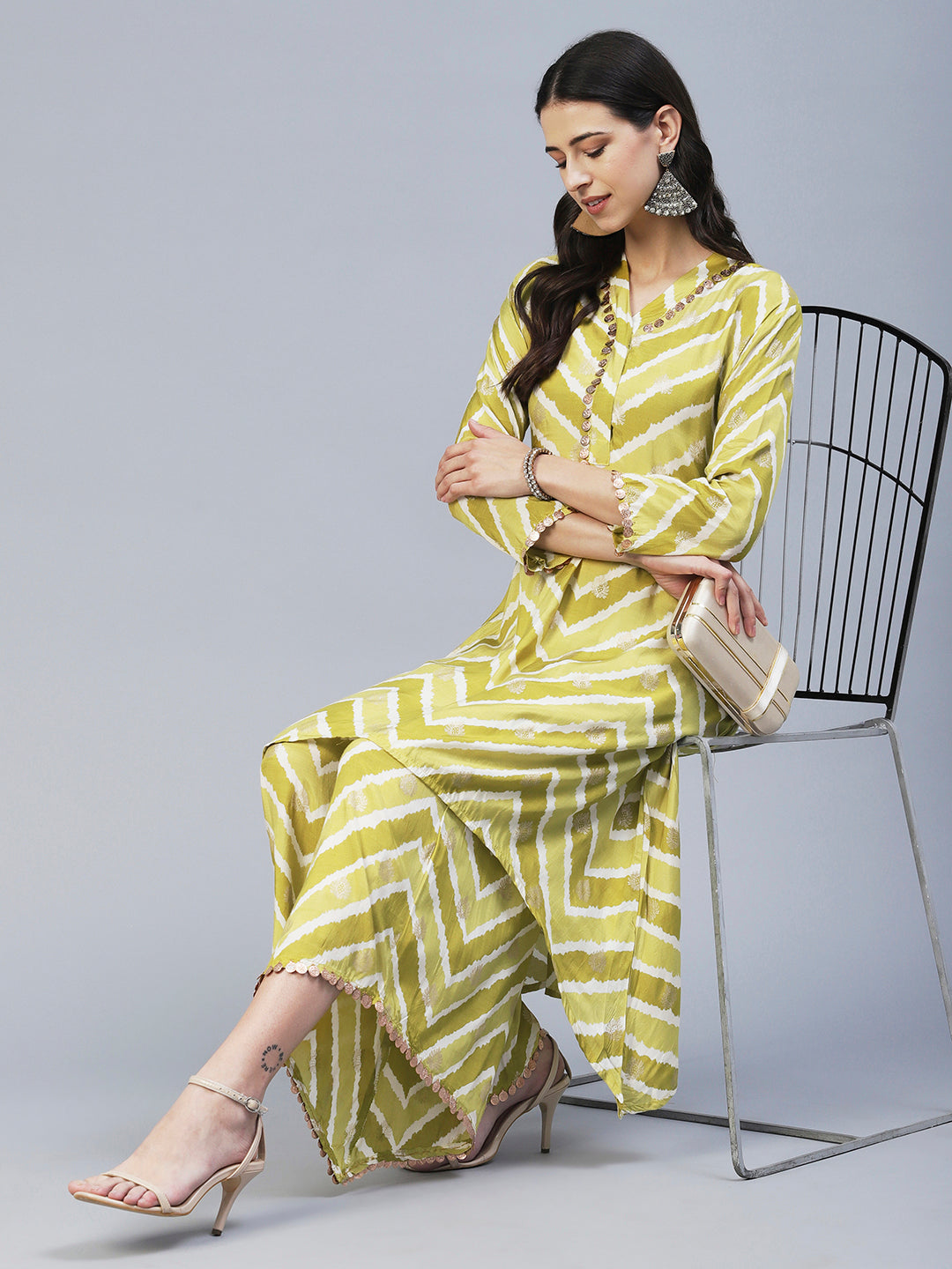 Ethnic & Chevron Printed A-Line Co-ord Set - Green