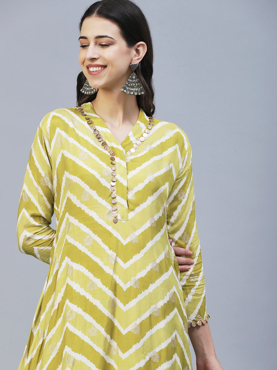 Ethnic & Chevron Printed A-Line Co-ord Set - Green