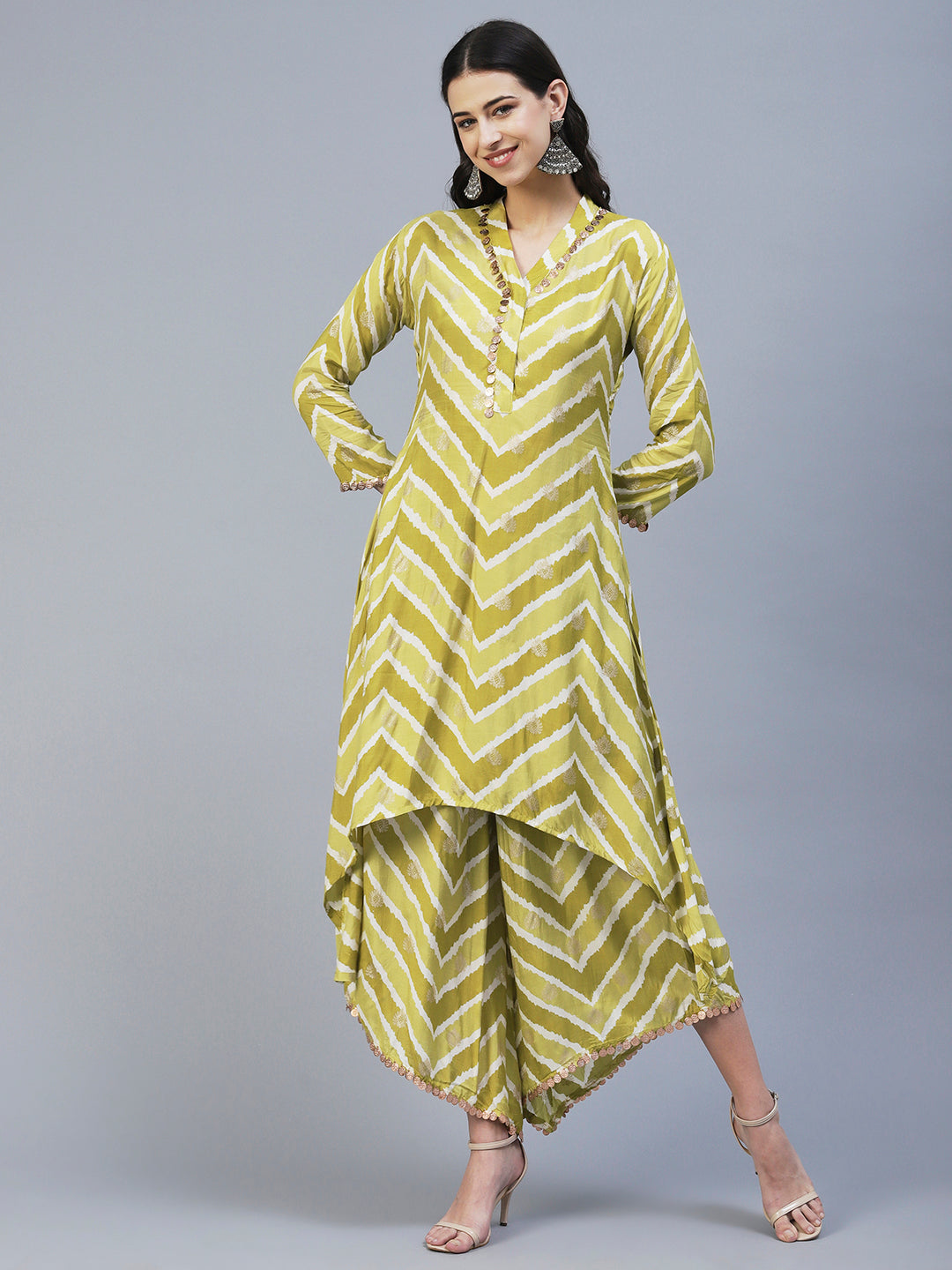 Ethnic & Chevron Printed A-Line Co-ord Set - Green