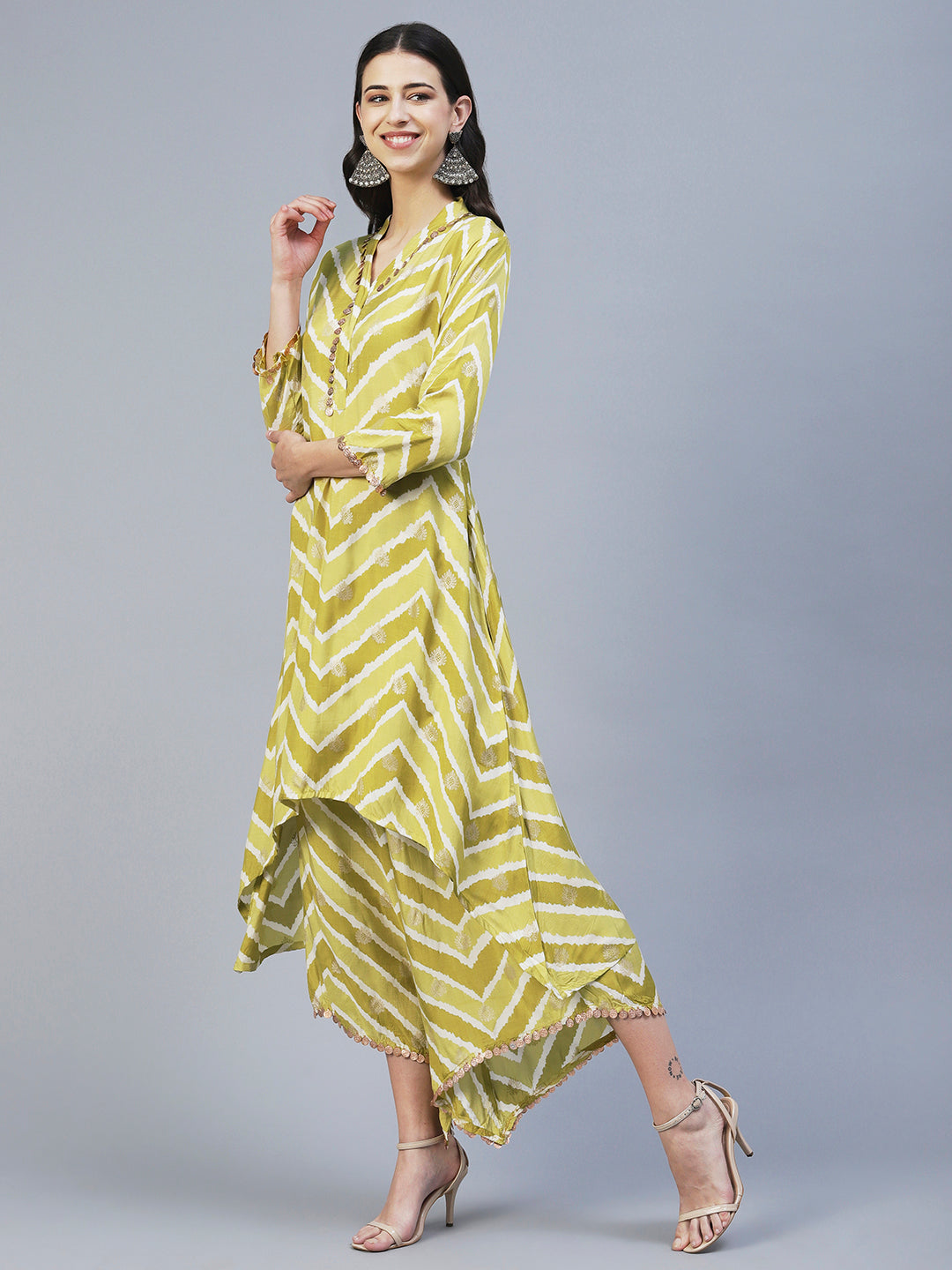 Ethnic & Chevron Printed A-Line Co-ord Set - Green