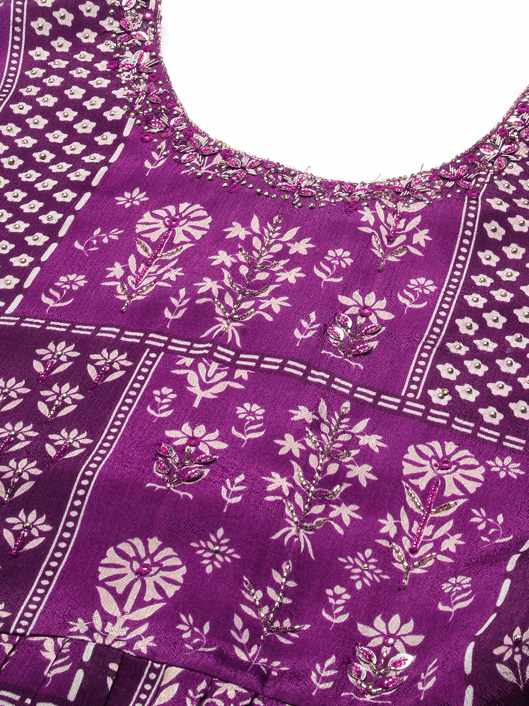Ethnic Floral Printed & Hand Embroidered Fit & Flare Maxi Dress - Purple