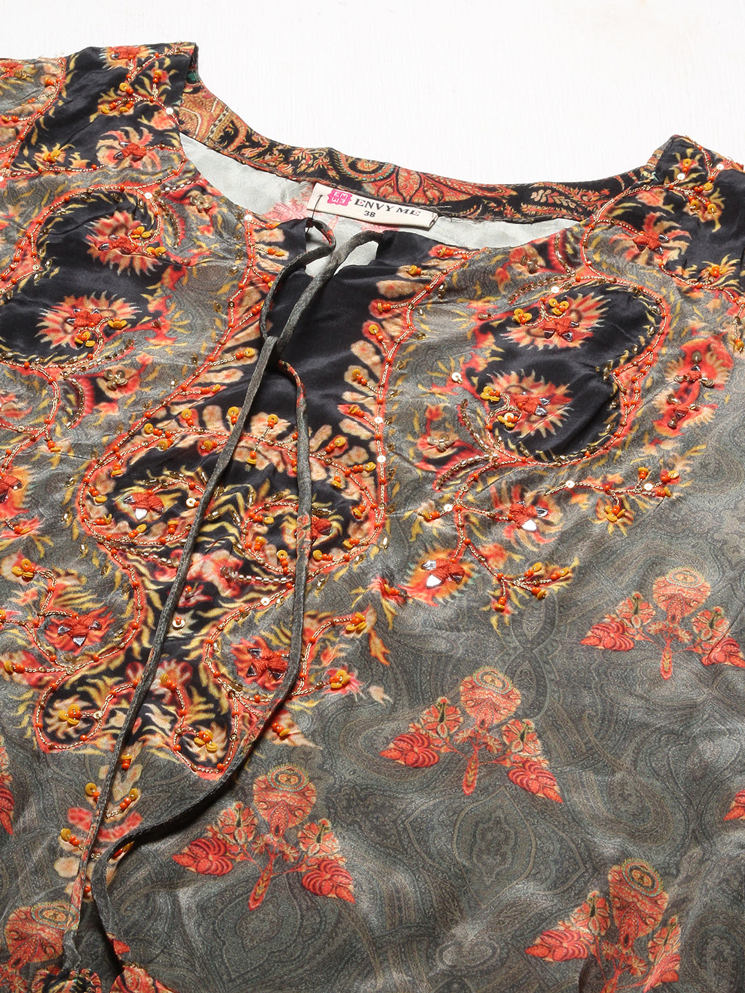 Ethnic Printed & Hand Embroidered Straight Kurta with Pant & Dupatta - Grey