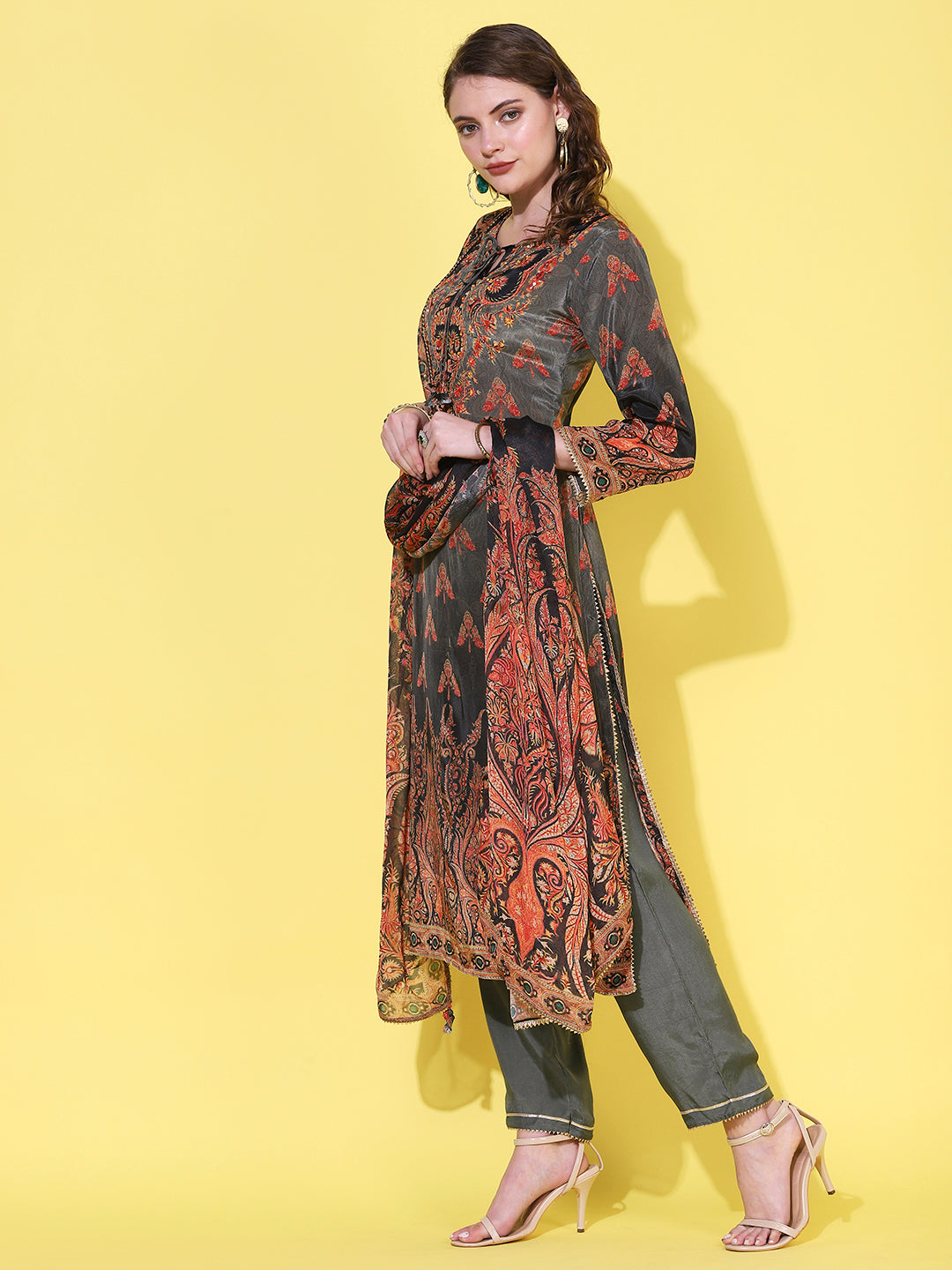 Ethnic Printed & Hand Embroidered Straight Kurta with Pant & Dupatta - Grey
