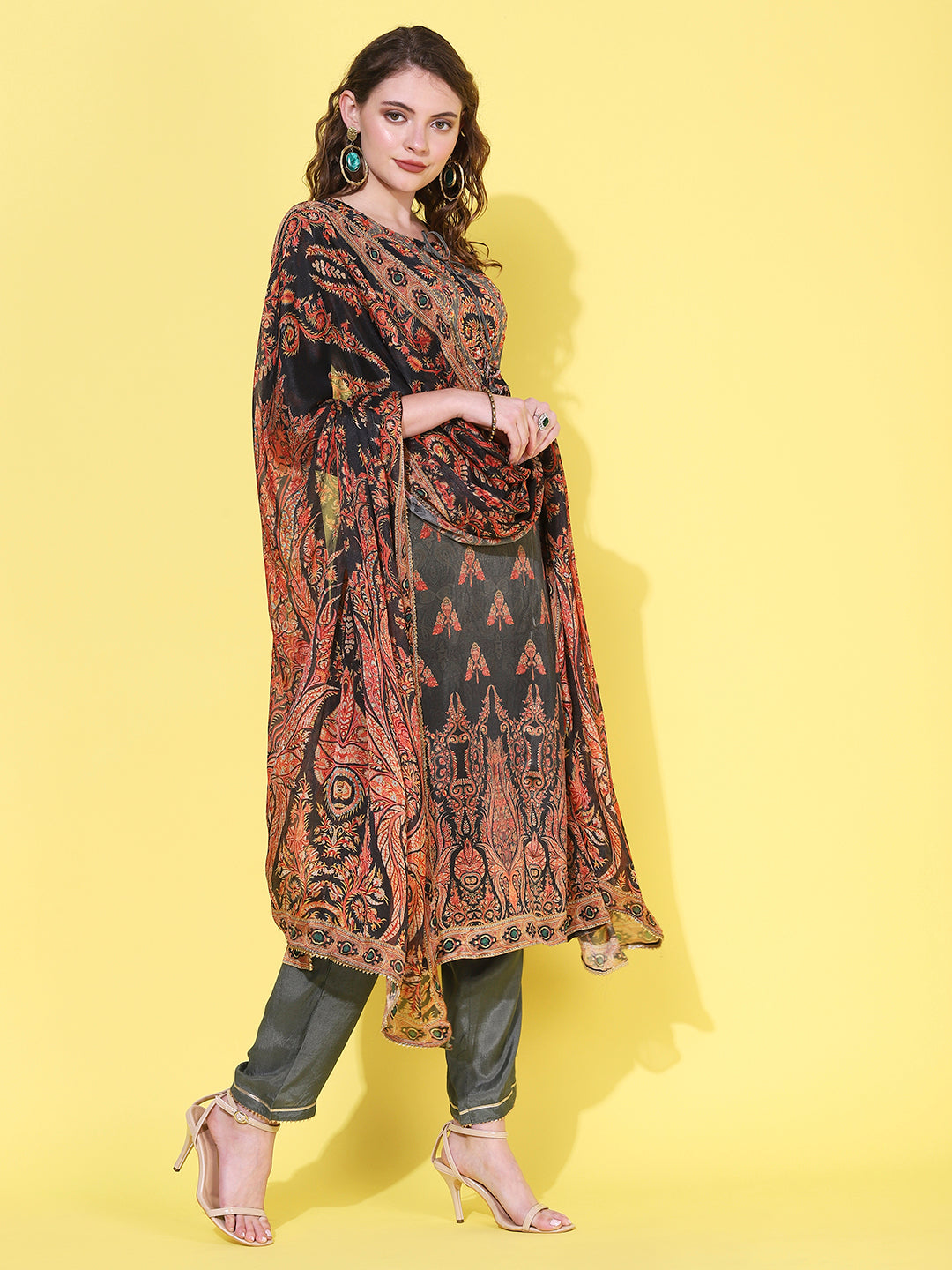 Ethnic Printed & Hand Embroidered Straight Kurta with Pant & Dupatta - Grey