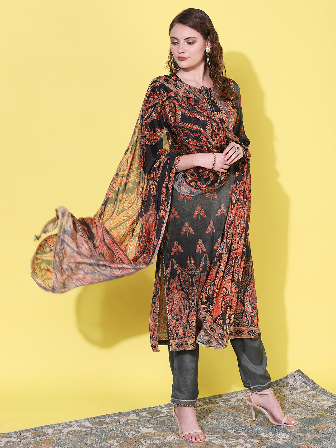 Ethnic Printed & Hand Embroidered Straight Kurta with Pant & Dupatta - Grey