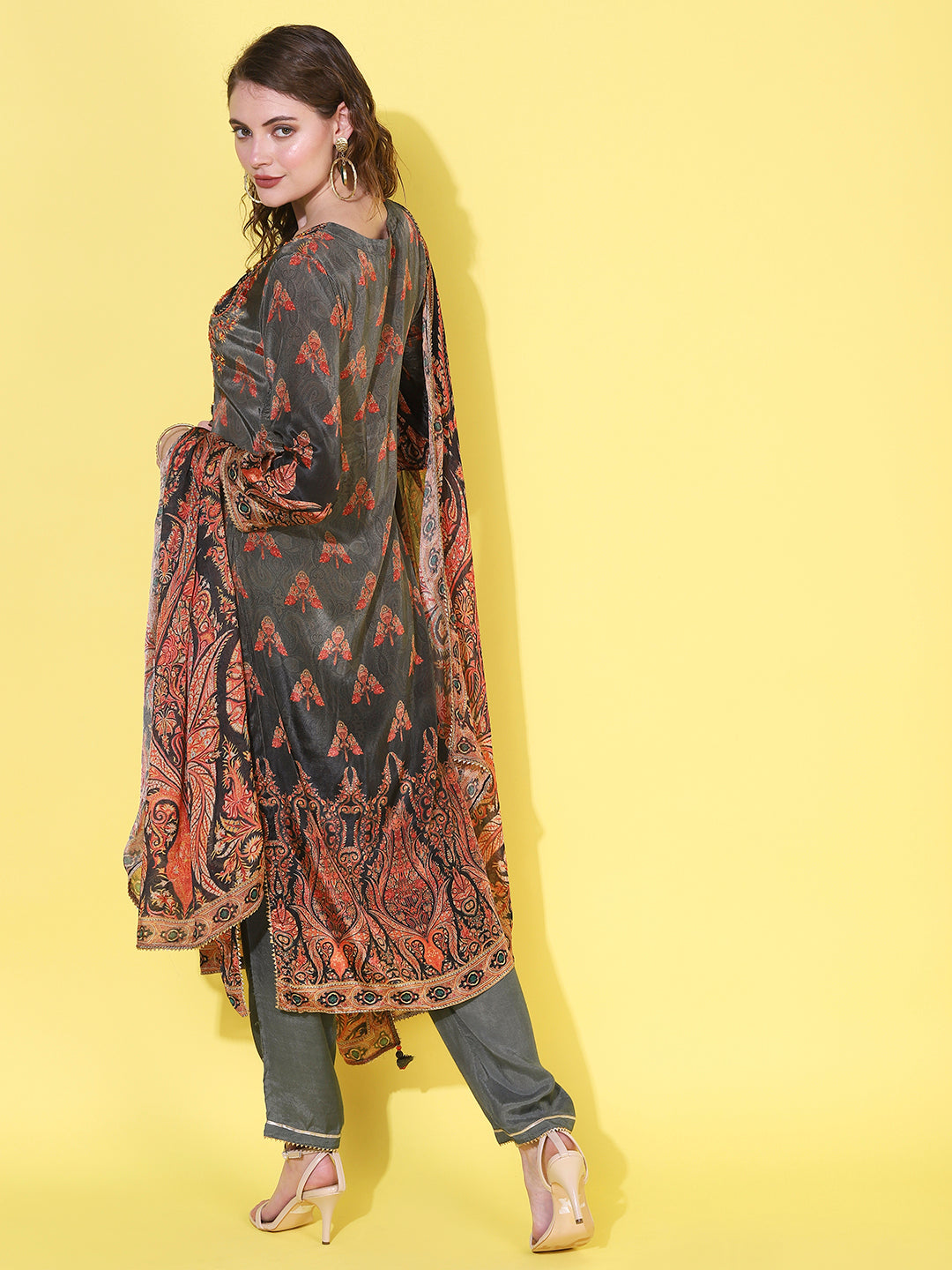 Ethnic Printed & Hand Embroidered Straight Kurta with Pant & Dupatta - Grey