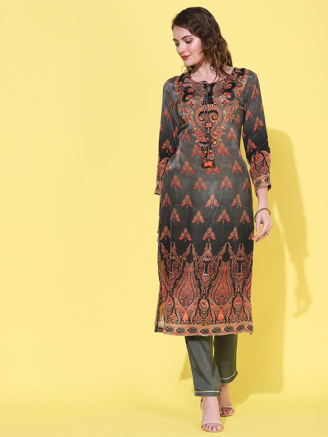 Ethnic Printed & Hand Embroidered Straight Kurta with Pant & Dupatta - Grey
