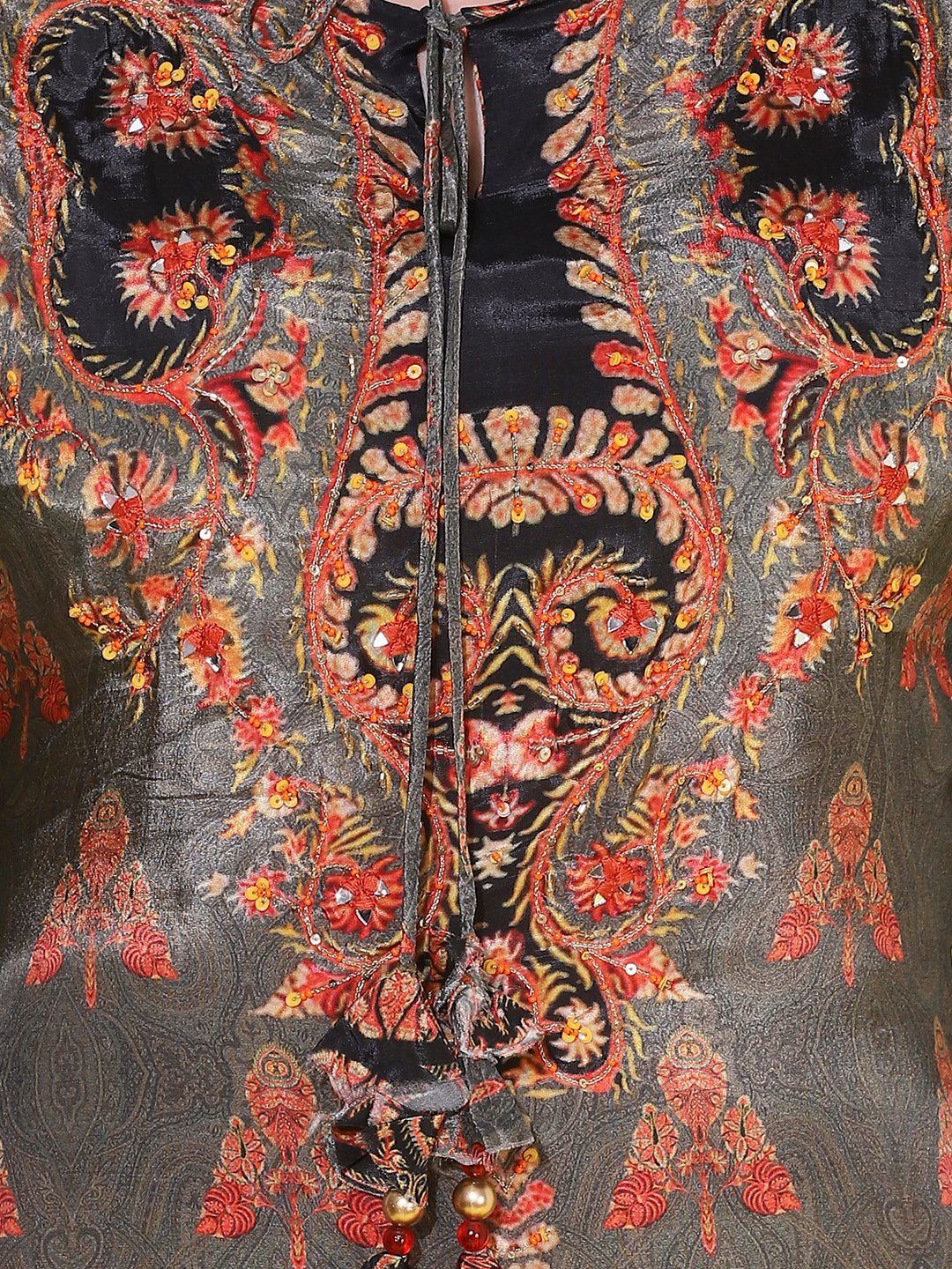 Ethnic Printed & Hand Embroidered Straight Kurta with Pant & Dupatta - Grey