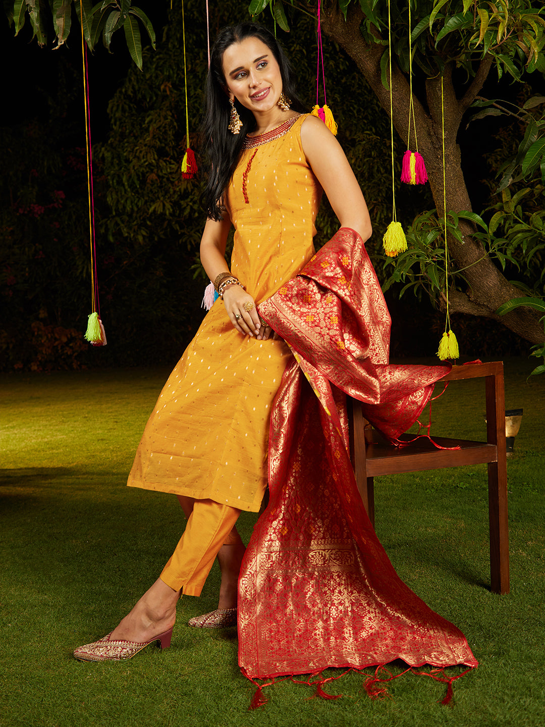 Ethnic Hand Embroidered Straight Kurta with Pants Dupatta