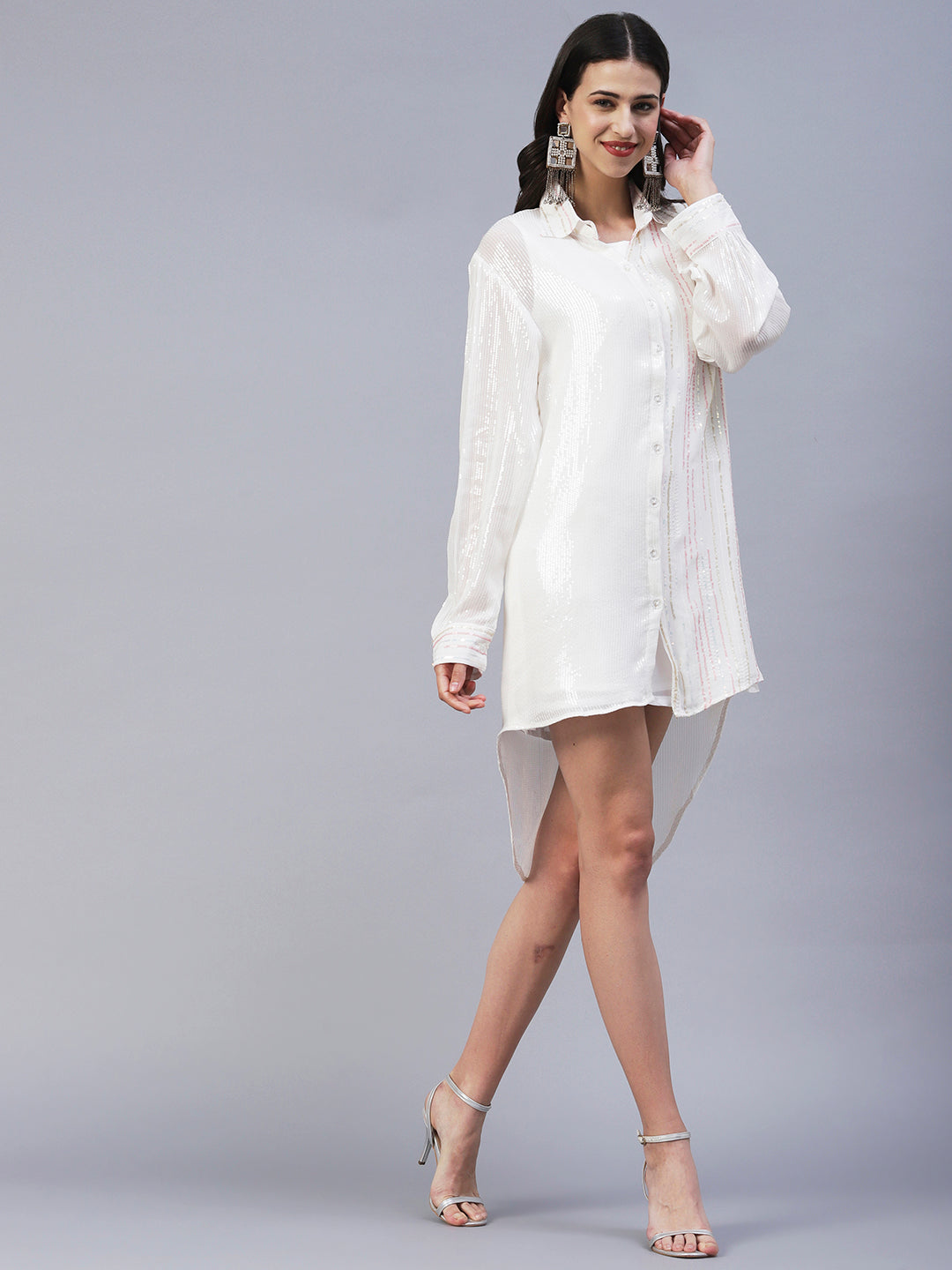 Solid Sequined Shirt Dress With A-Line Inner - White
