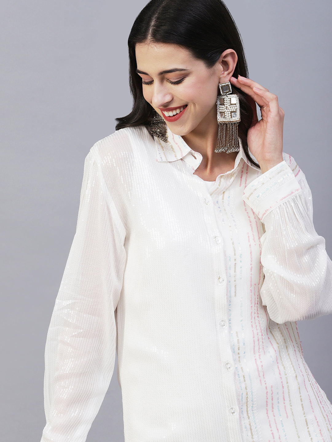 Solid Sequined Shirt Dress With A-Line Inner - White