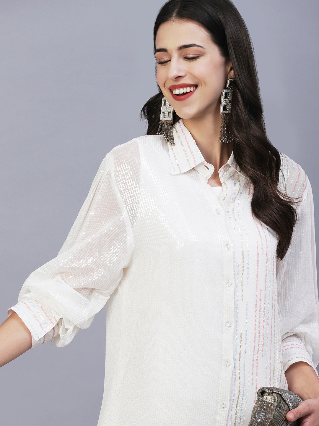 Solid Sequined Shirt Dress With A-Line Inner - White