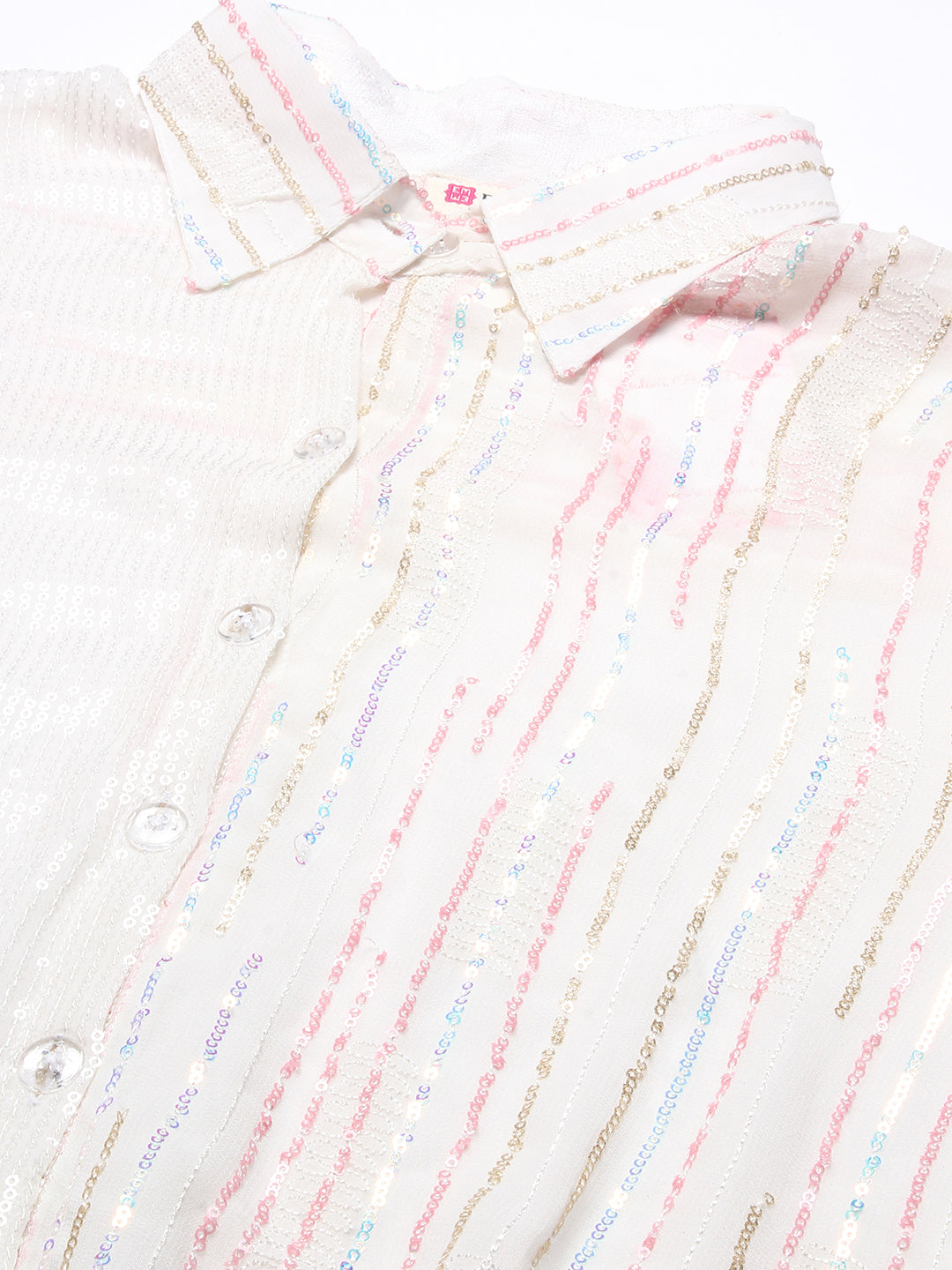 Solid Sequined Shirt Dress With A-Line Inner - White