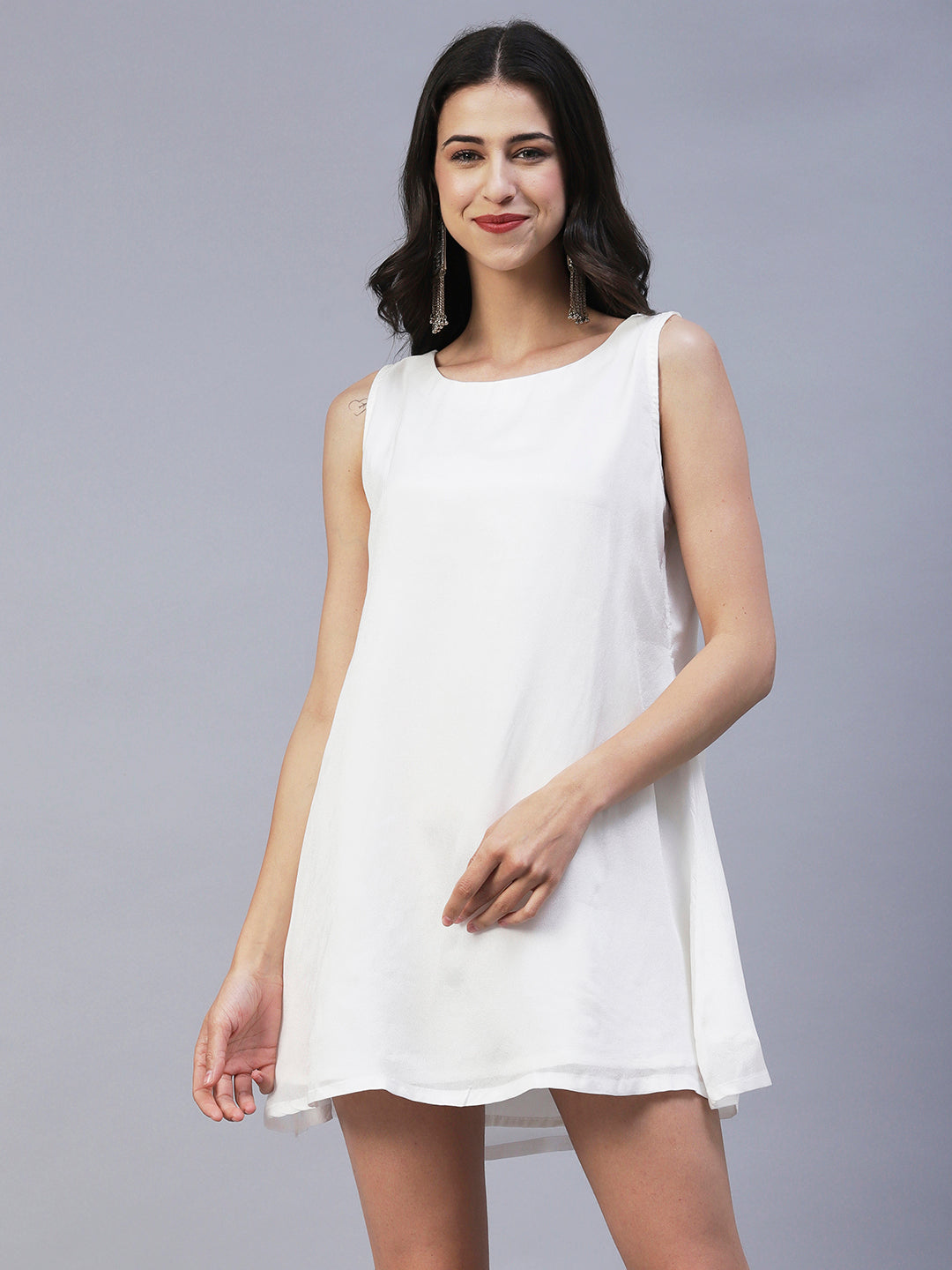 Solid Sequined Shirt Dress With A-Line Inner - White