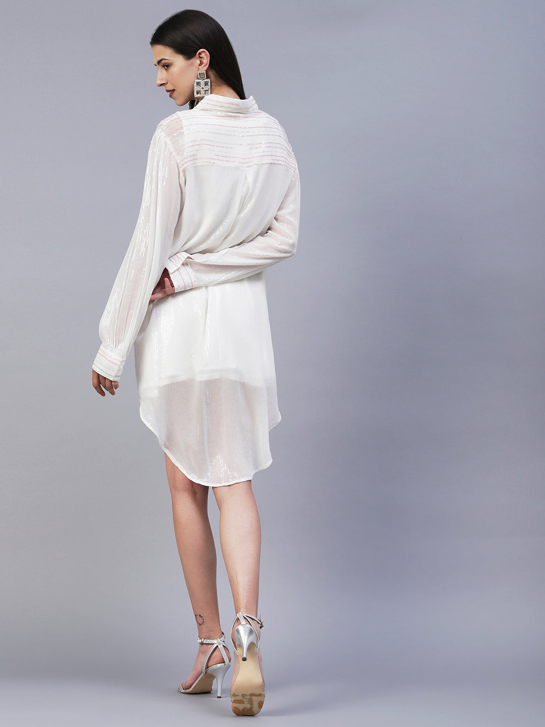 Solid Sequined Shirt Dress With A-Line Inner - White