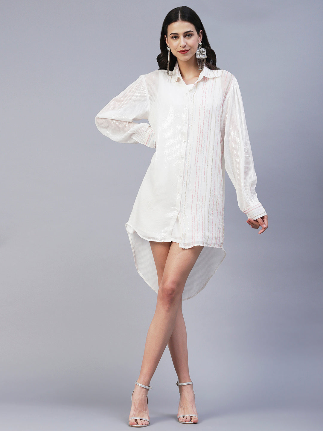 Solid Sequined Shirt Dress With A-Line Inner - White