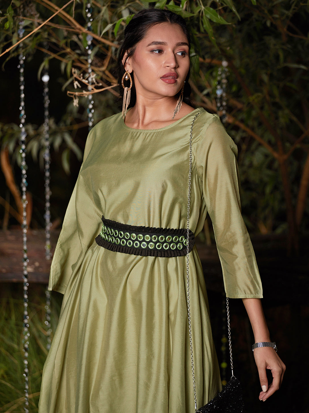 Solid Kaftan Dress with Mirror Embroidered Belt - Light Green