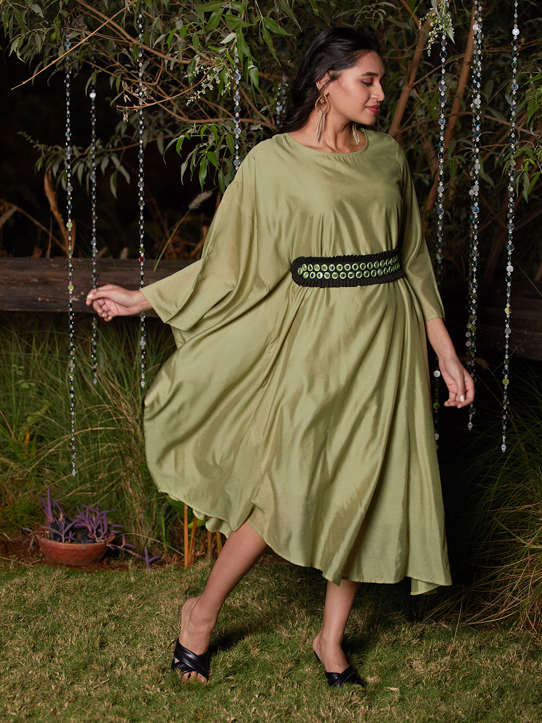 Solid Kaftan Dress with Mirror Embroidered Belt - Light Green